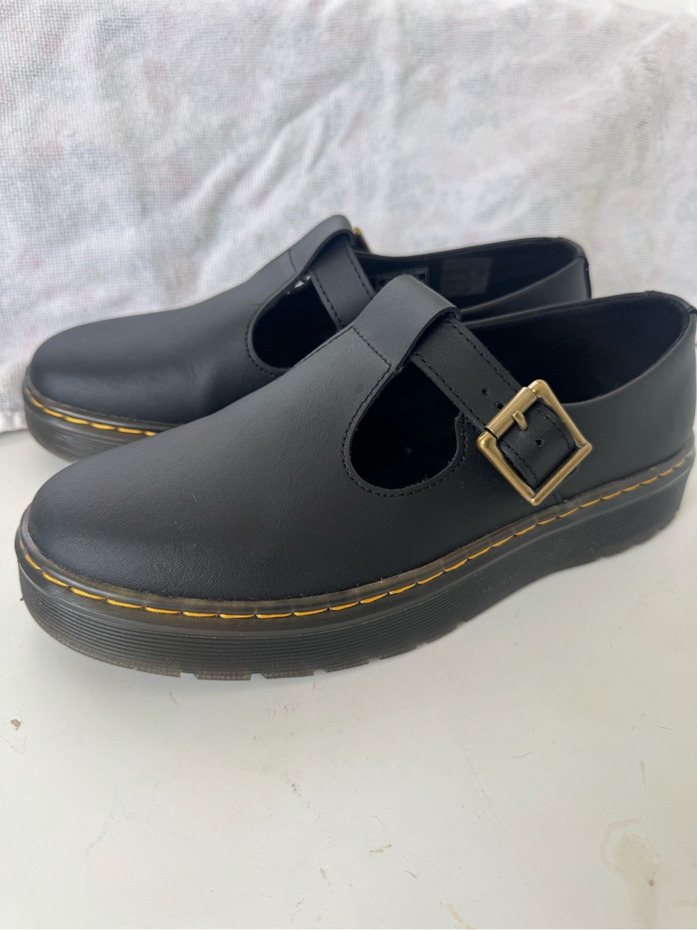Dr. Martens Black Mary Jane Platform Clog with Gold Buckle